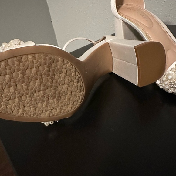 Pearl Embellished White Satin Block Heel Sandals — NWT — Bridal 7.5 - Picture 3 of 4